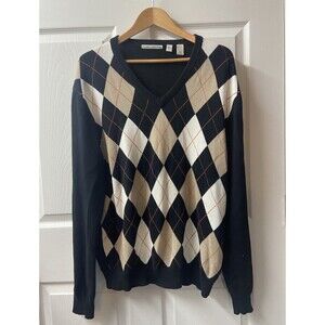 Clarke Gregory Sweater Mens Large Pima Cotton Black Argyle Neck Preppy Warm